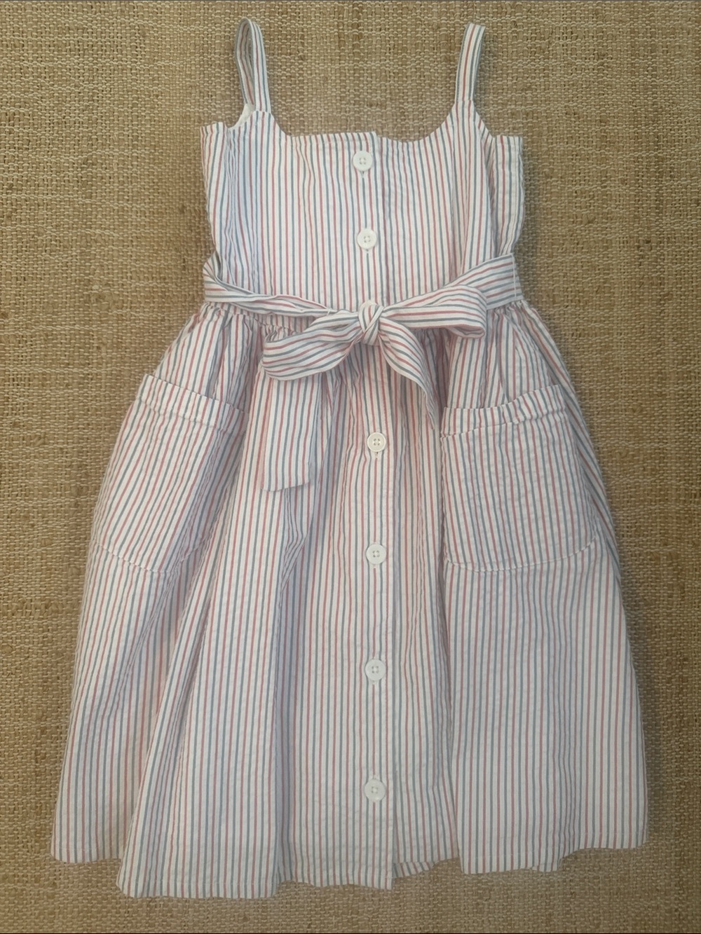 NWT Hope & Henry Girls Belted Button Down Sleeveless Seersucker Dress, 4